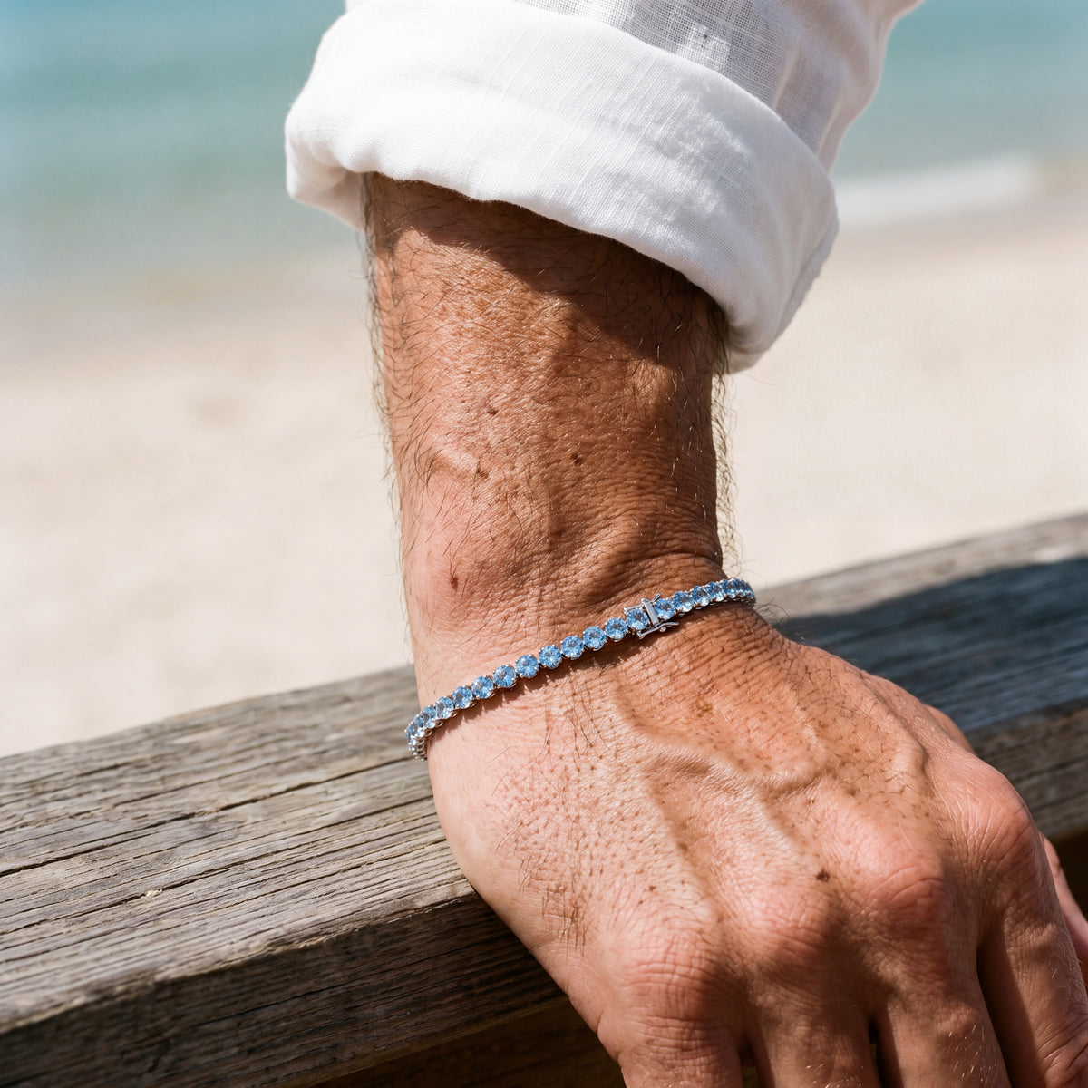 Aqua Capri tennis bracelet on the wrist