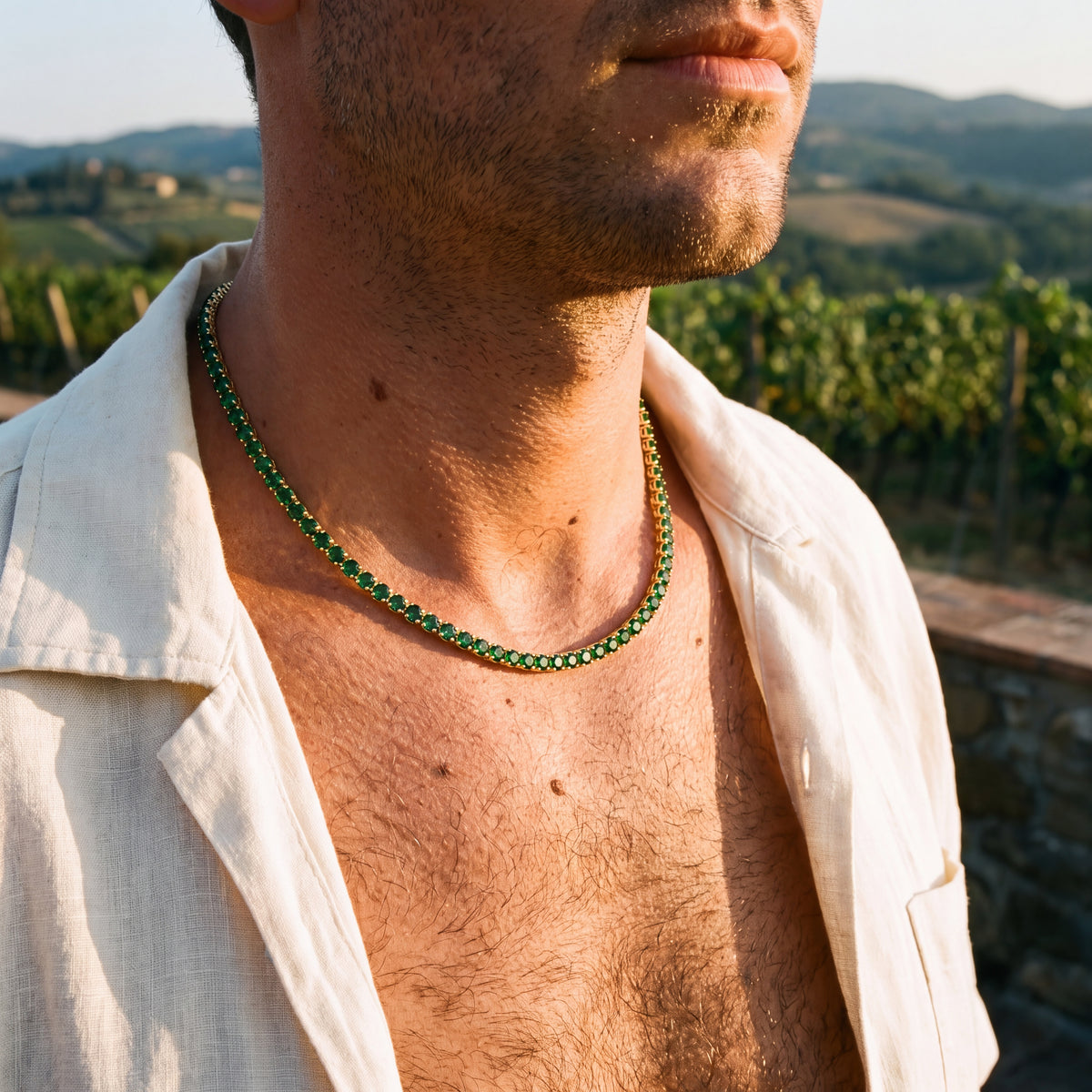 Green Day Dore Chain worn at a vineyard