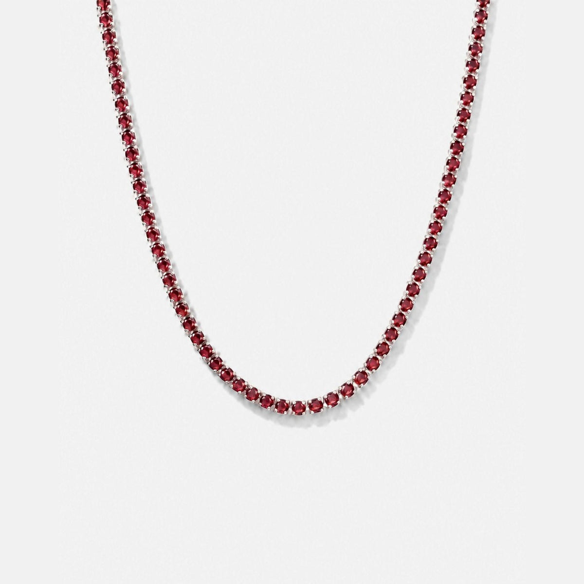 Rubi Garnet Chain — garnet red tennis necklace, silver tone