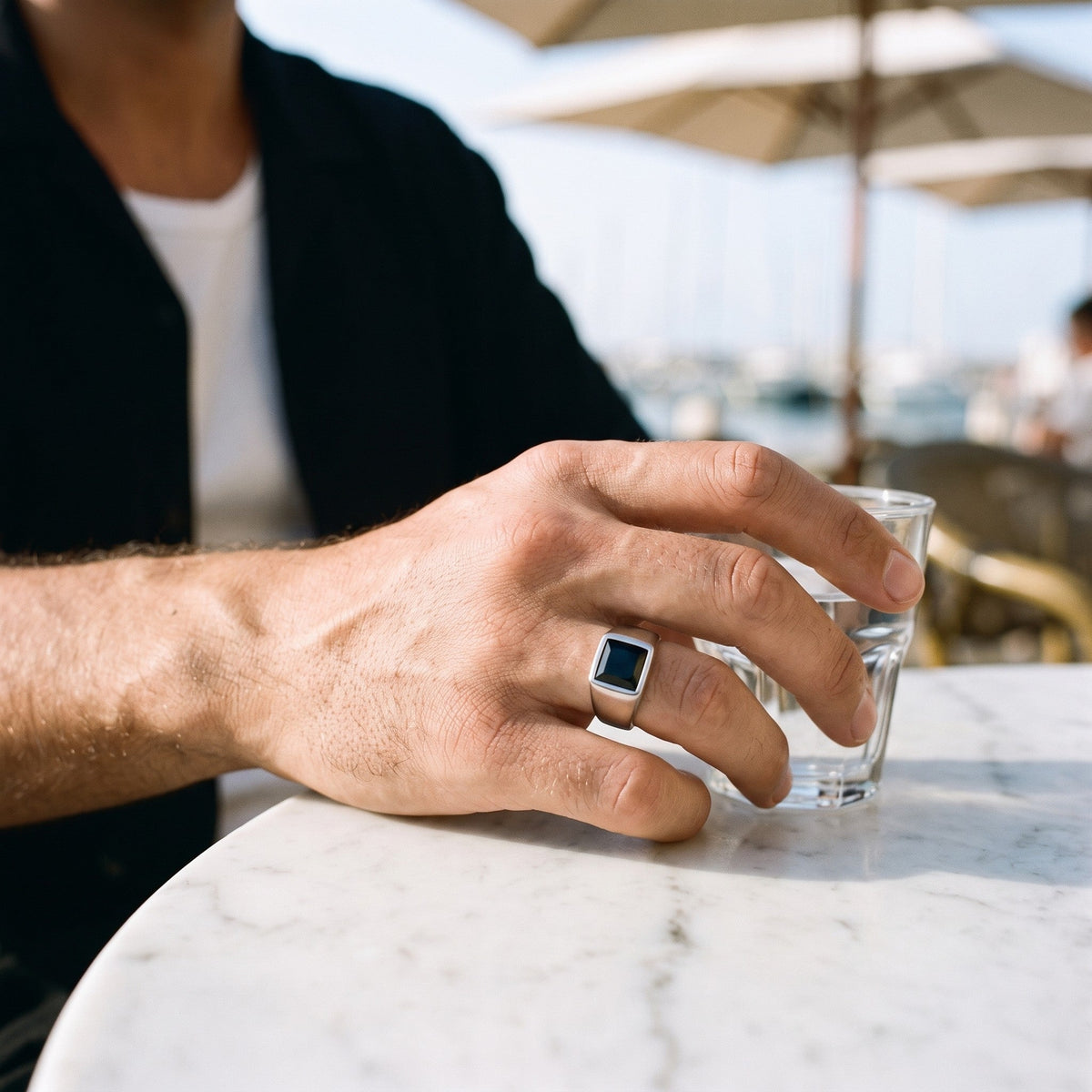 Noir Signet Ring worn - close-up