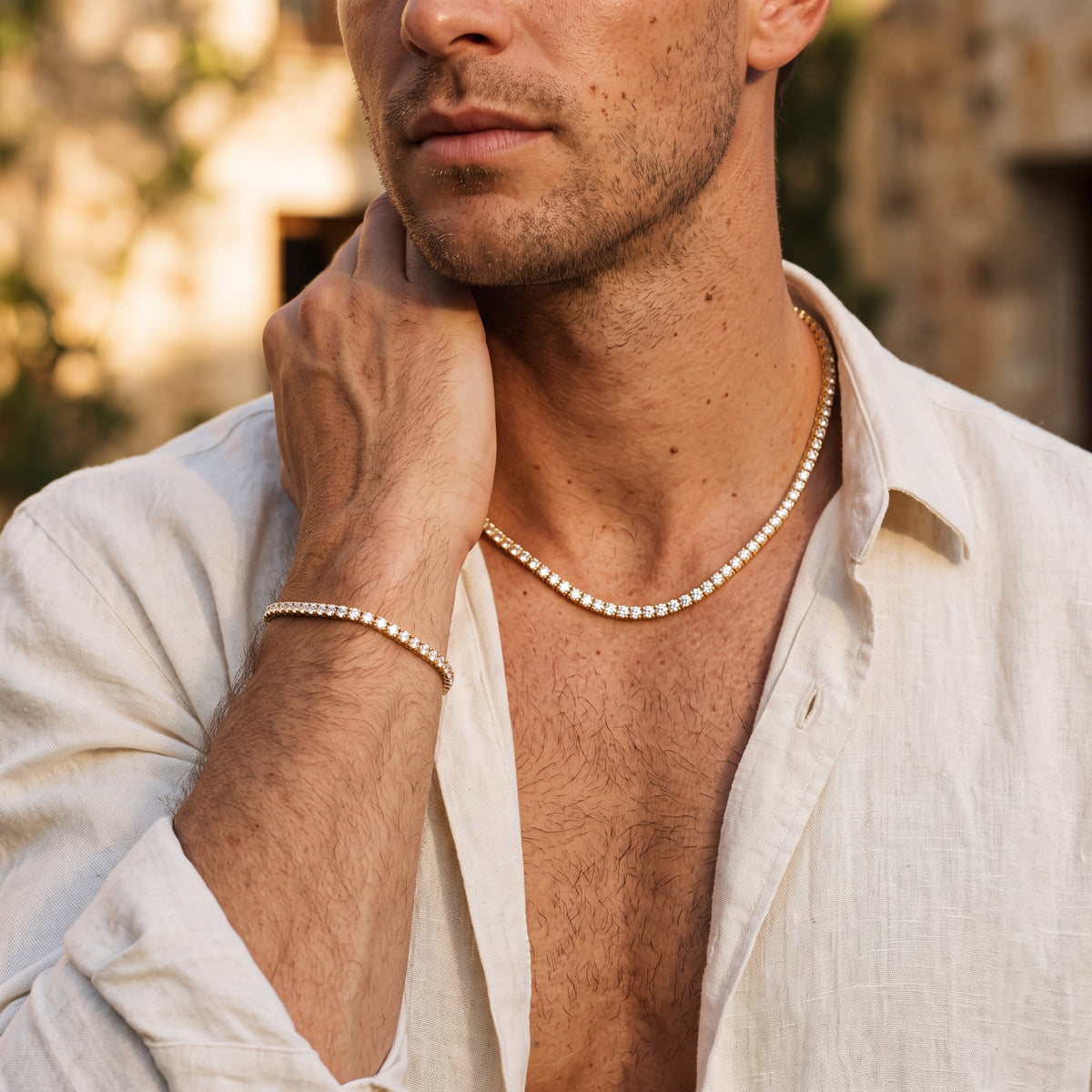 Man wearing the Ice Dore tennis chain and Sunrise bracelet together