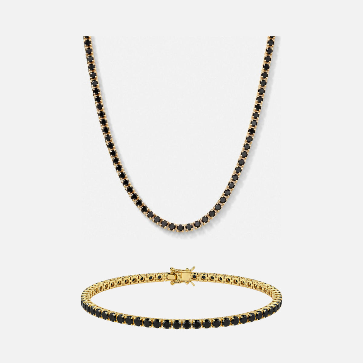 Onyx Doré tennis chain and matching Noi Golden tennis bracelet set