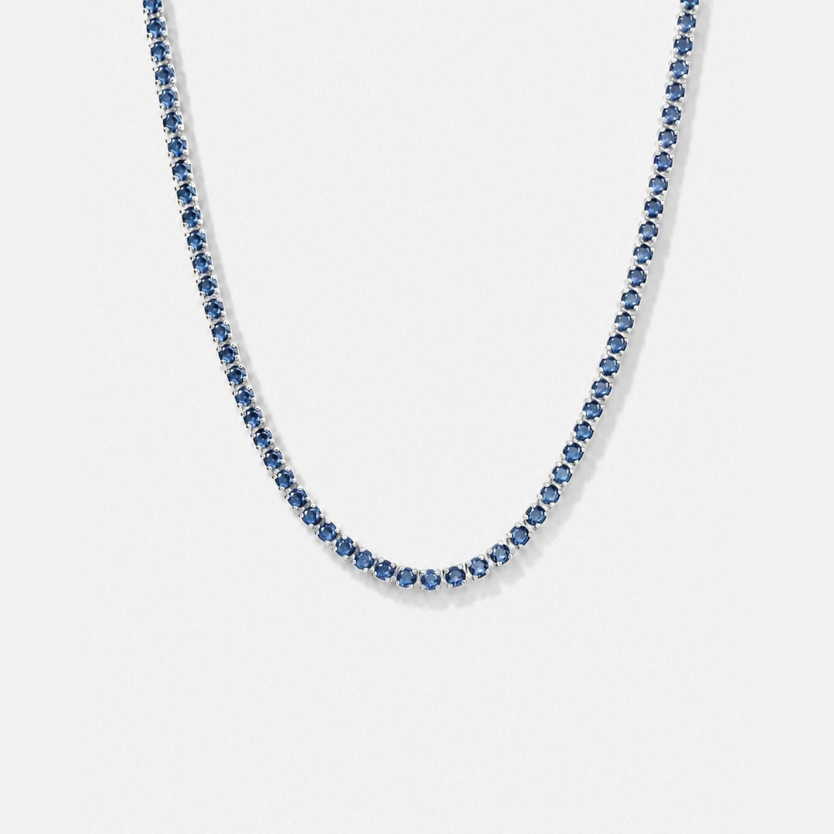 Bleu Chain — sapphire blue tennis necklace, silver tone