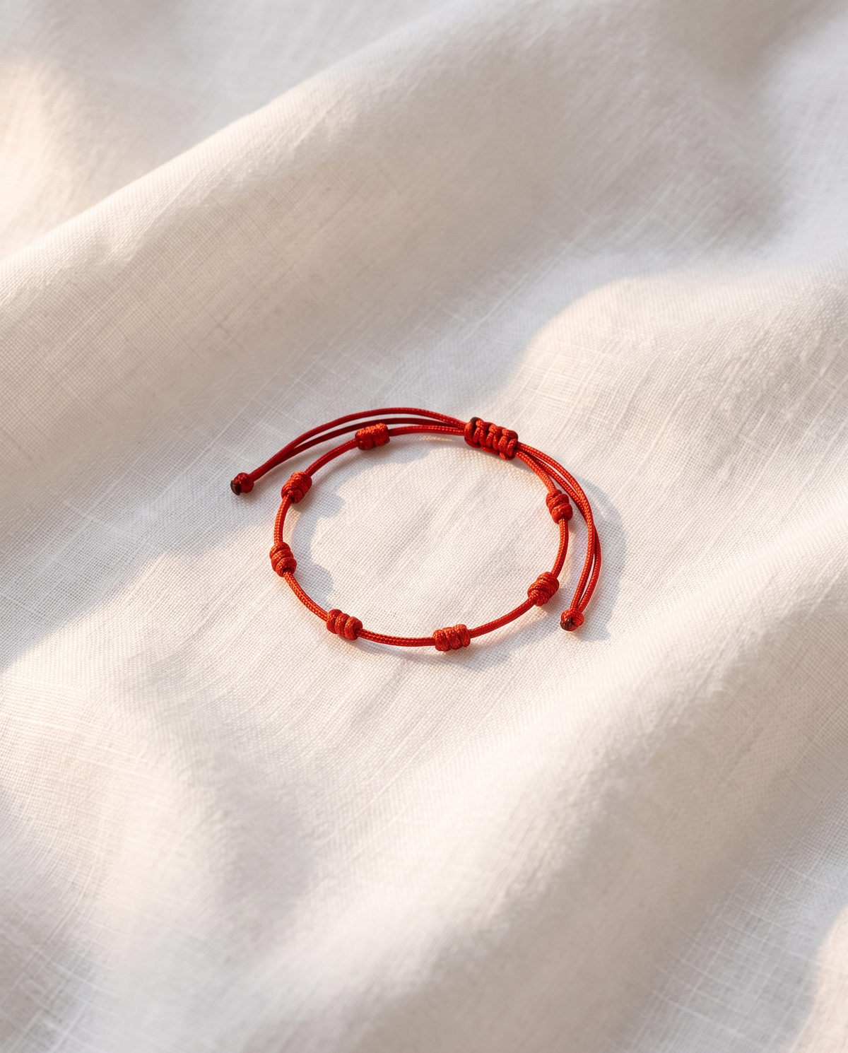 Barletta Knot red seven-knot cord bracelet resting on white linen fabric