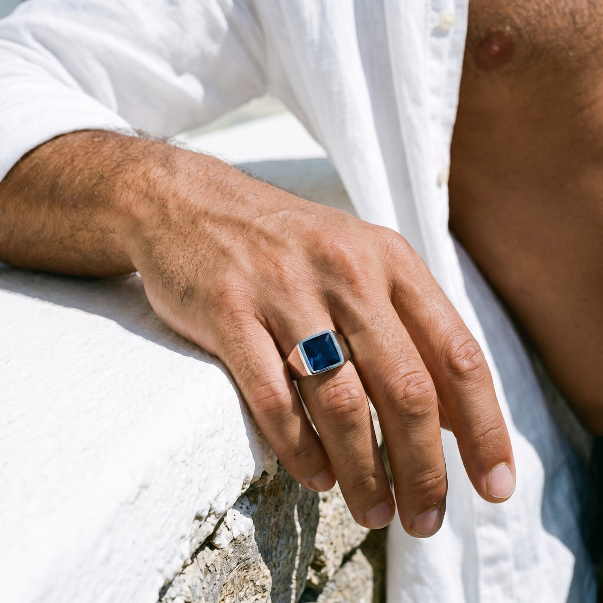 Bleu Signet Ring worn - close-up