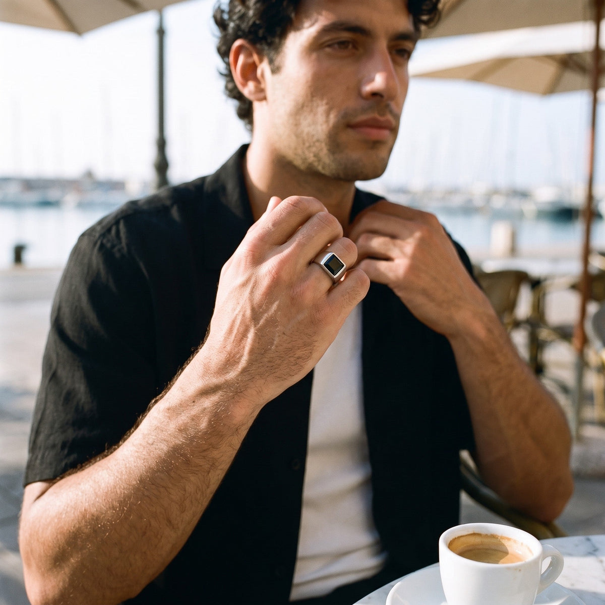 Noir Signet Ring worn - waist-up