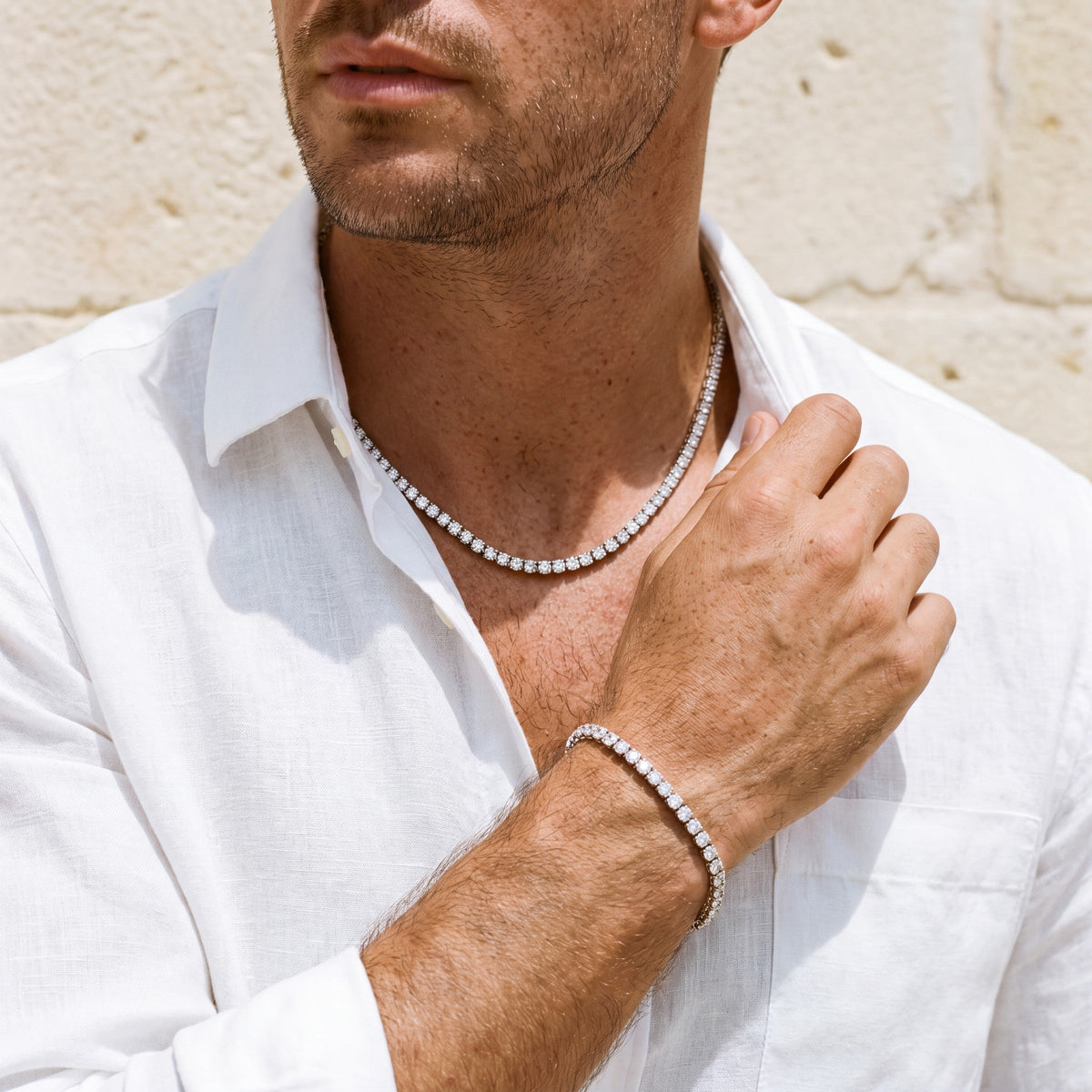 Man wearing the Ice tennis chain and bracelet together